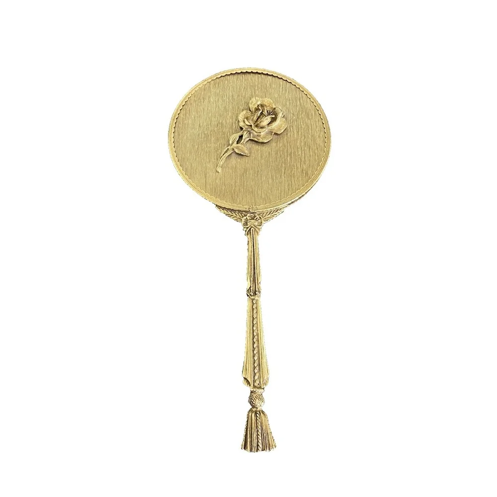 Vtg Matson Stylebuilt Hand Held Mirror Gold Tone Rose and Rope Tassel Design